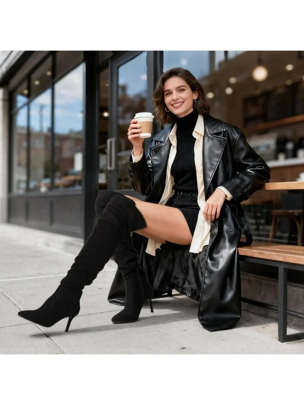 Women's Black Suede Pointed Toe Stiletto Heel Faux Leather Over The Knee Boots